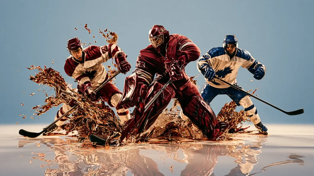 Disco suelto frente a la portería en hockey cuando varios jugadores buscan la misma zona